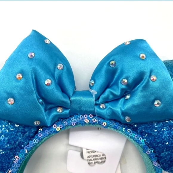 Disney Parks Blue Aqua Sequined Minnie Mouse Ear Headband Crystal Bow LAST ONE - Picture 2 of 6